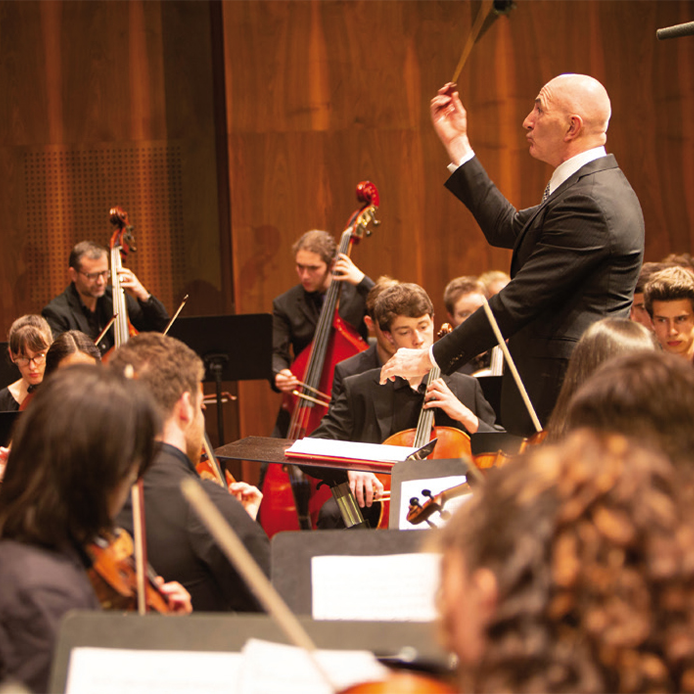 Orchestermusiker und Dirigent während eines Konzerts